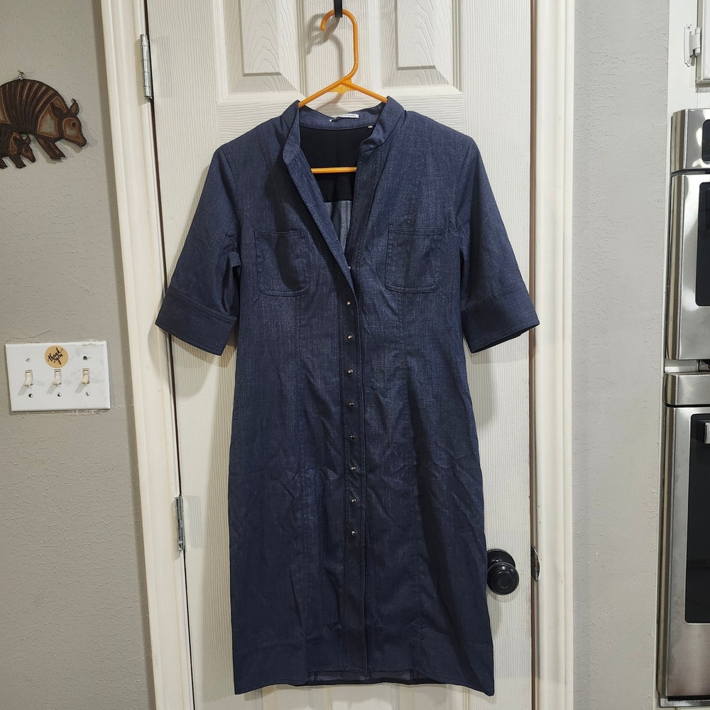 T Tahari Women Blue Denim Look Snap Front Short Sleeve Sheath Dress Size 0